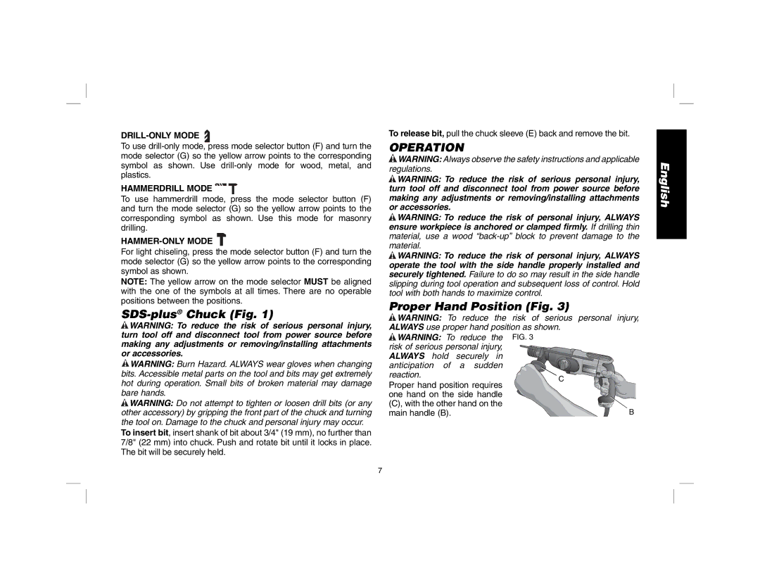 DeWalt D25013 instruction manual SDS-plusChuck Fig, Operation, Proper Hand Position Fig 