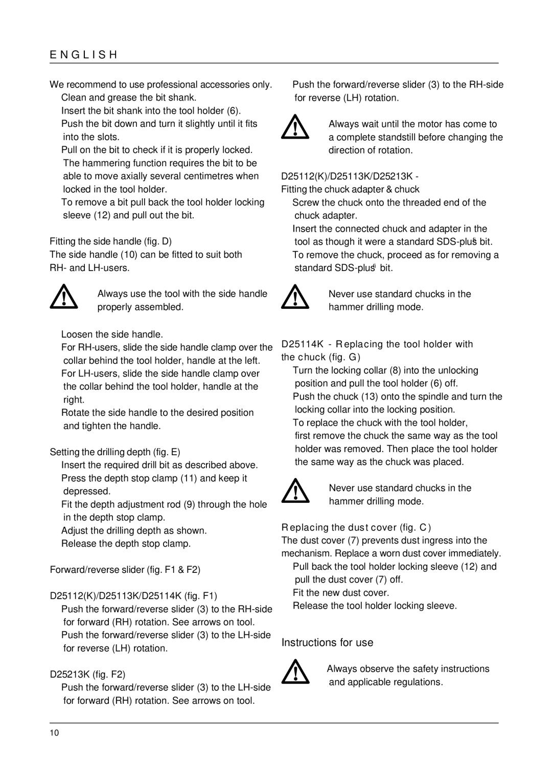 DeWalt D25213K manual Instructions for use 