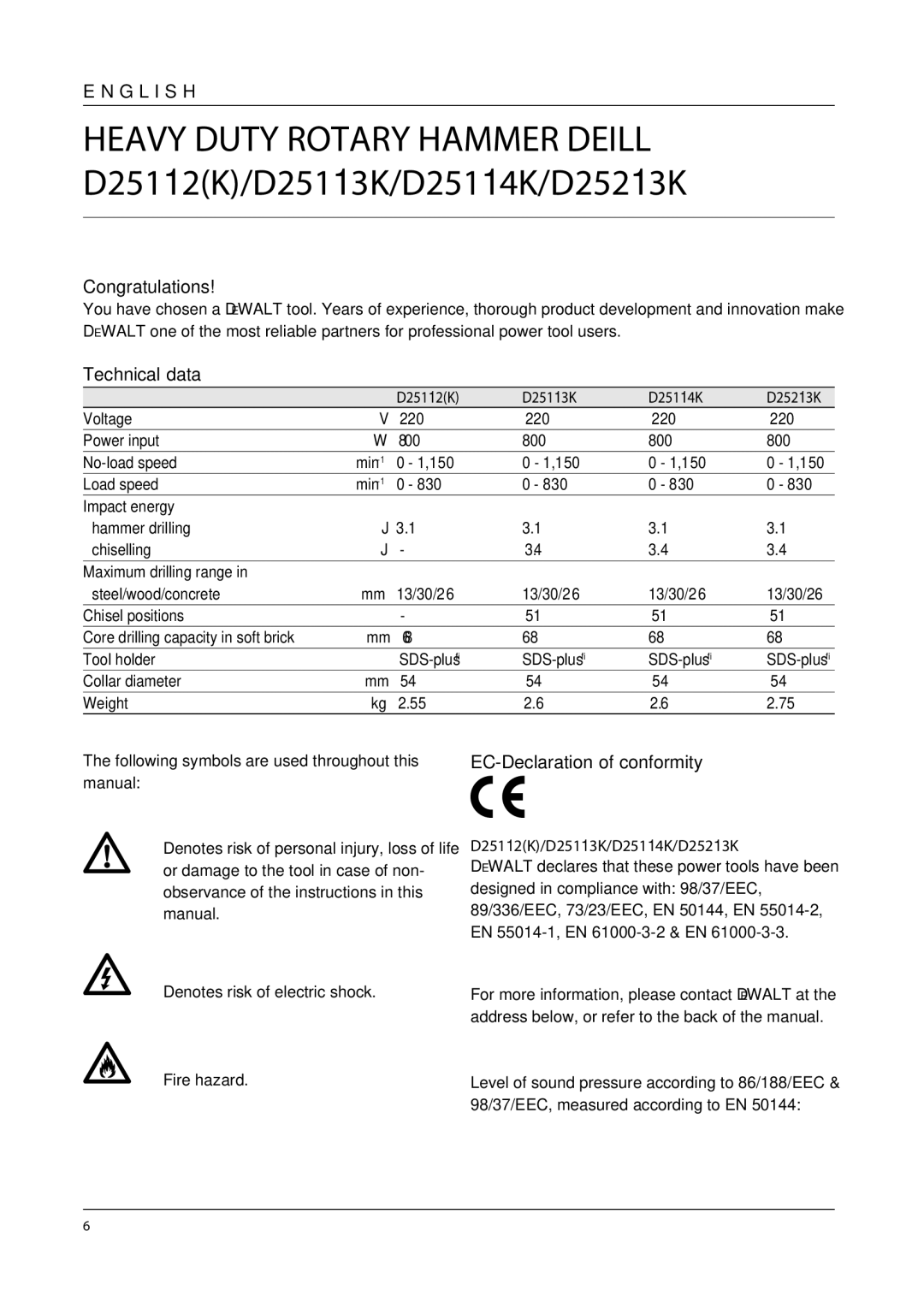 DeWalt D25213K manual Congratulations, Technical data, EC-Declaration of conformity 