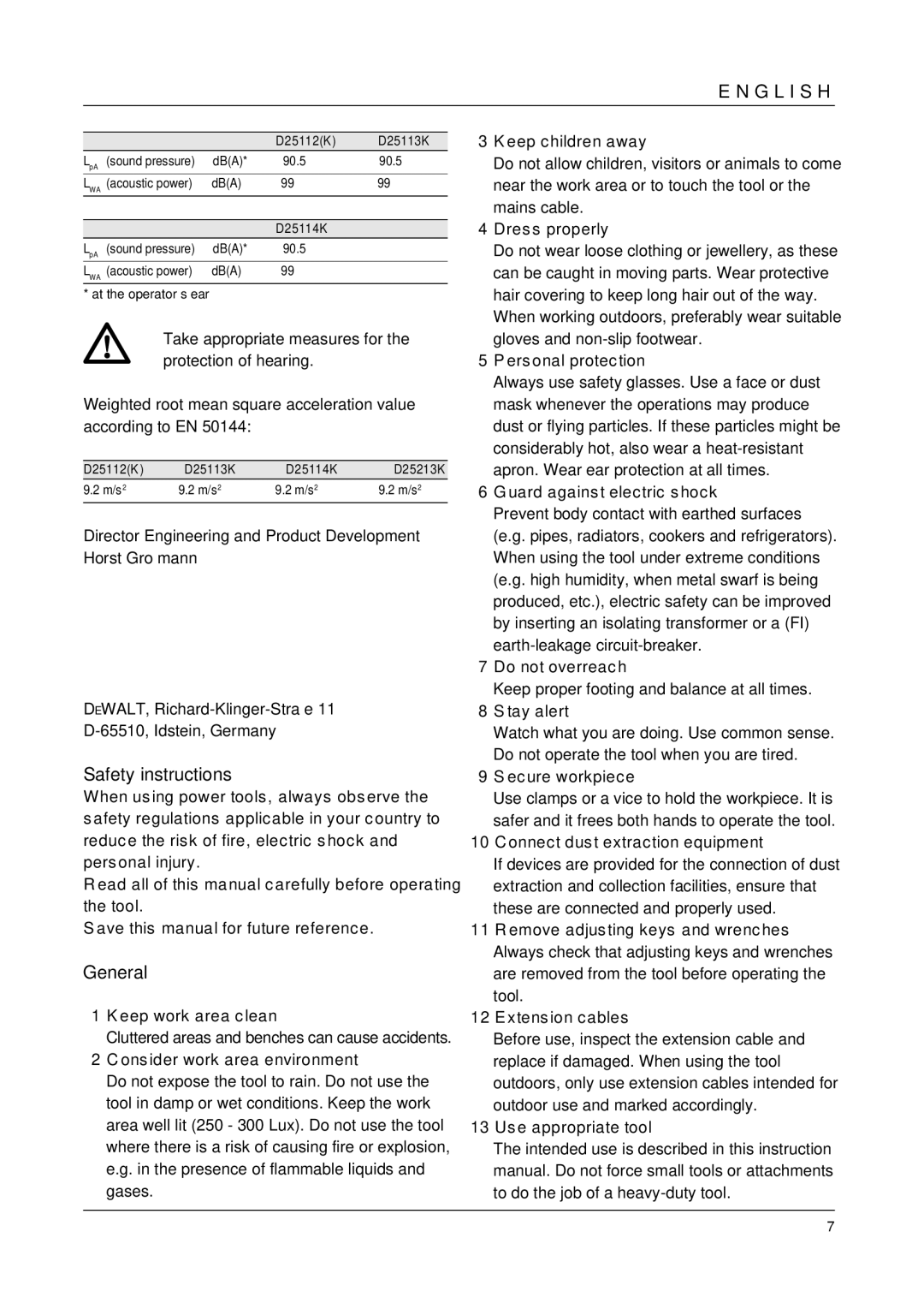 DeWalt D25213K manual Safety instructions, General 