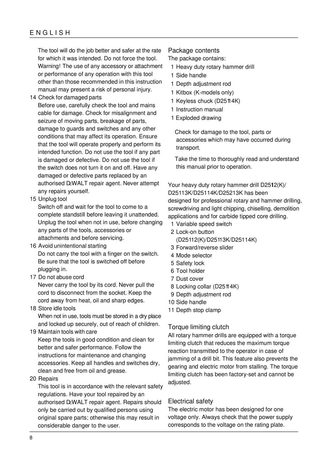 DeWalt D25213K manual Package contents, Torque limiting clutch, Electrical safety 