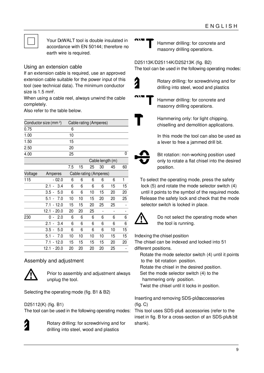 DeWalt D25213K manual Using an extension cable, Assembly and adjustment 