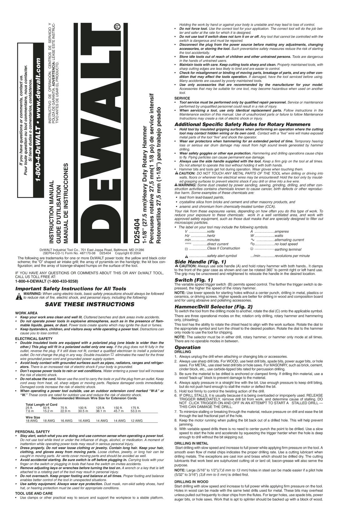 DeWalt D25404 instruction manual Important Safety Instructions for All Tools, Side Handle Fig Switch Fig, Operation 