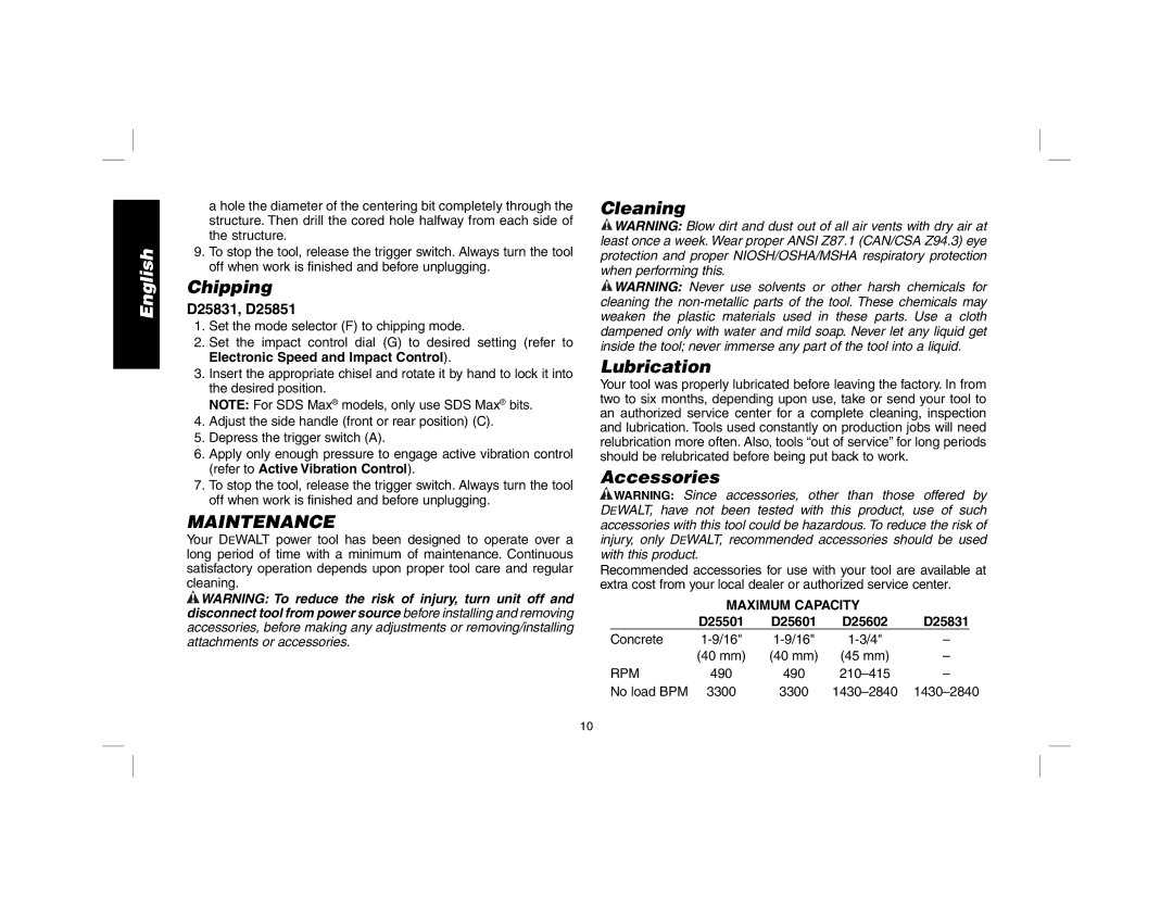 DeWalt D25601 instruction manual Chipping, Maintenance, Cleaning Lubrication, Accessories, Maximum Capacity 