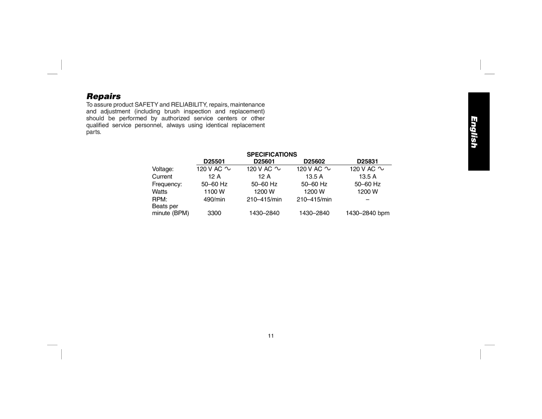 DeWalt D25601 instruction manual Repairs, Specifications 