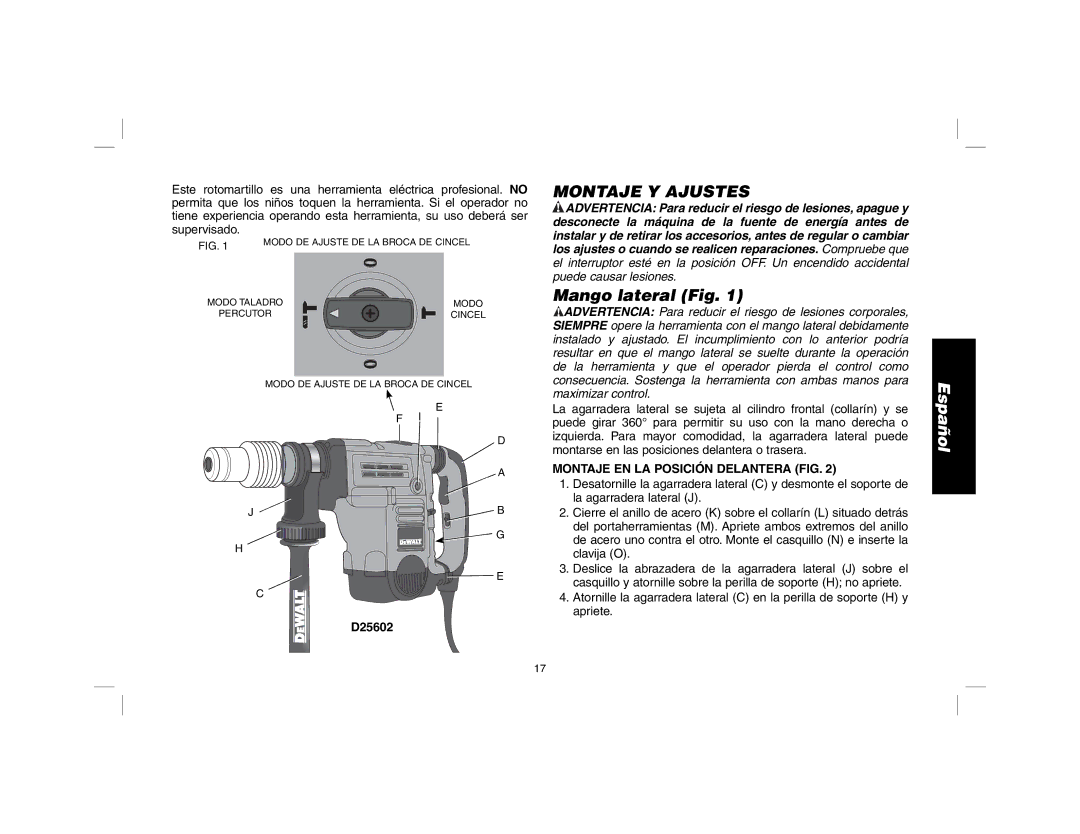 DeWalt D25601 instruction manual Montaje Y Ajustes, Mango lateral Fig, Montaje EN LA Posición Delantera FIG 