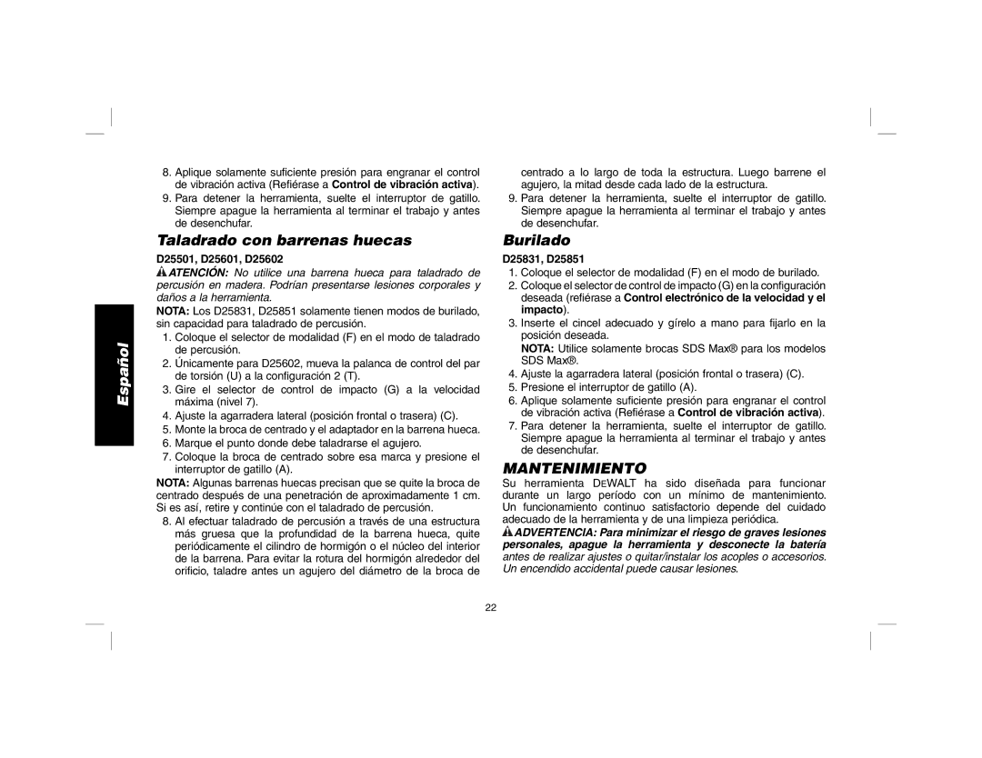 DeWalt D25601 instruction manual Taladrado con barrenas huecas, Burilado, Mantenimiento 