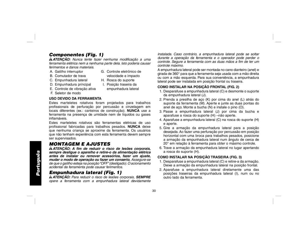 DeWalt D25601 instruction manual Componentes Fig, Montagem E Ajustes, Empunhadura lateral Fig 