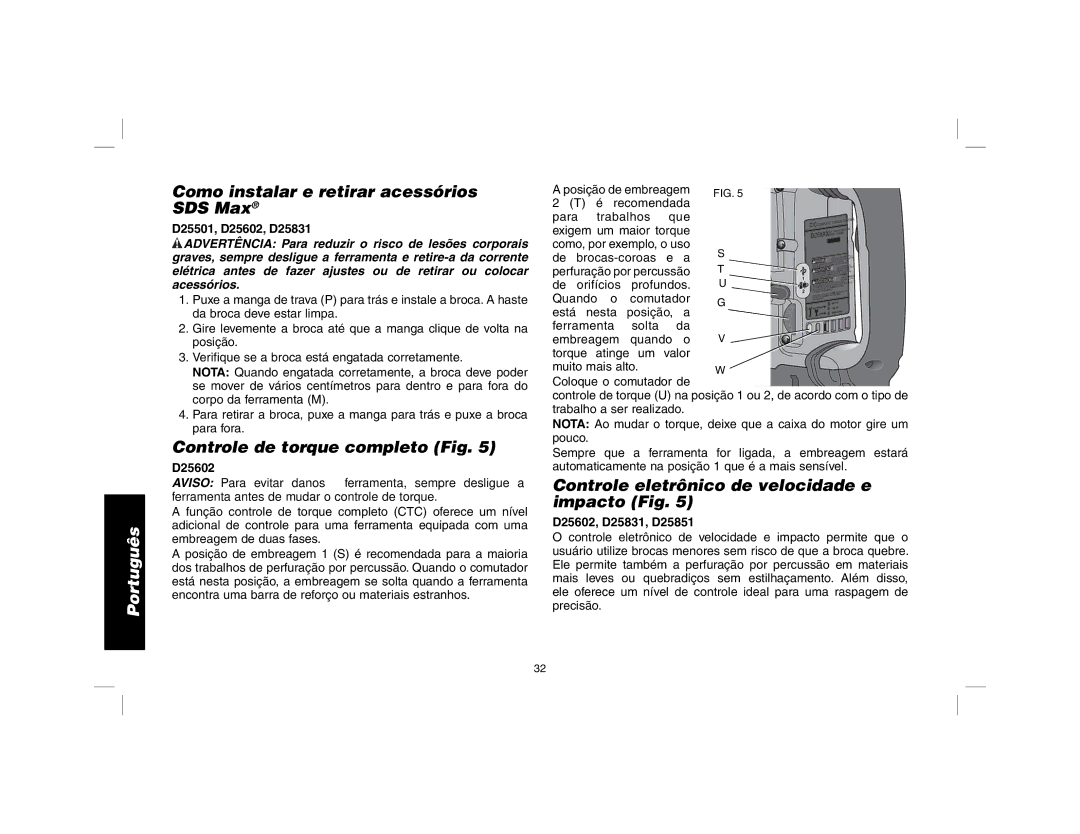 DeWalt D25601 instruction manual Como instalar e retirar acessórios SDS Max, Controle de torque completo Fig 