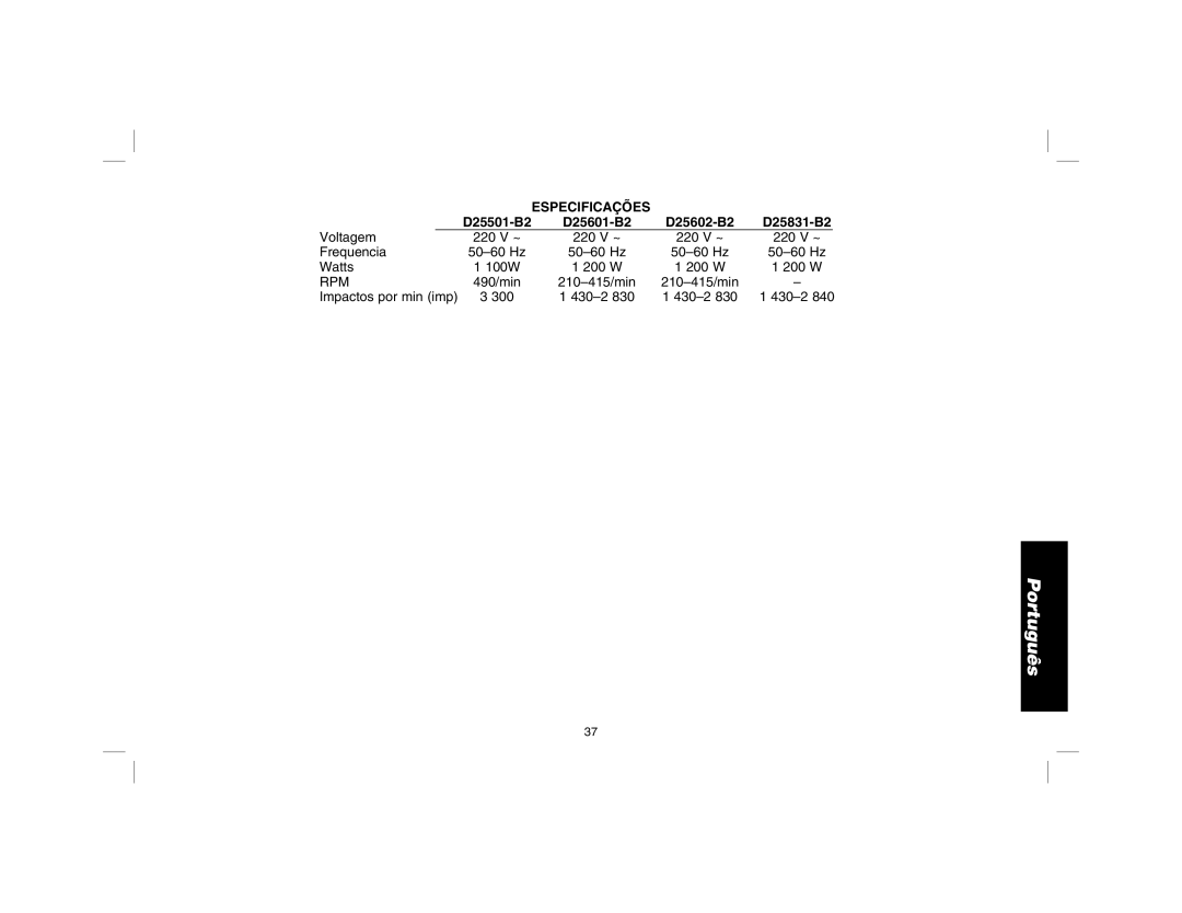 DeWalt D25601 instruction manual Especificações 