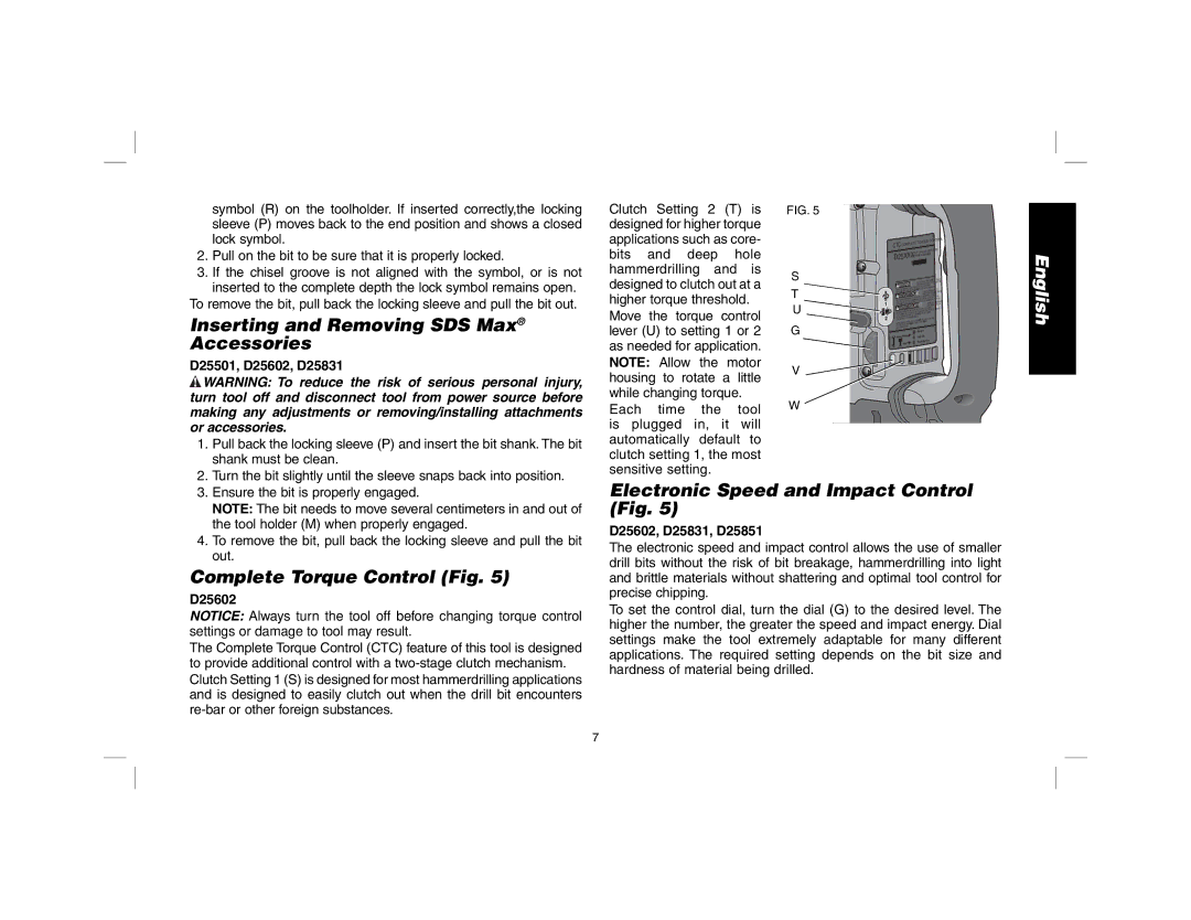 DeWalt D25601 instruction manual Inserting and Removing SDS Max Accessories, Complete Torque Control Fig 