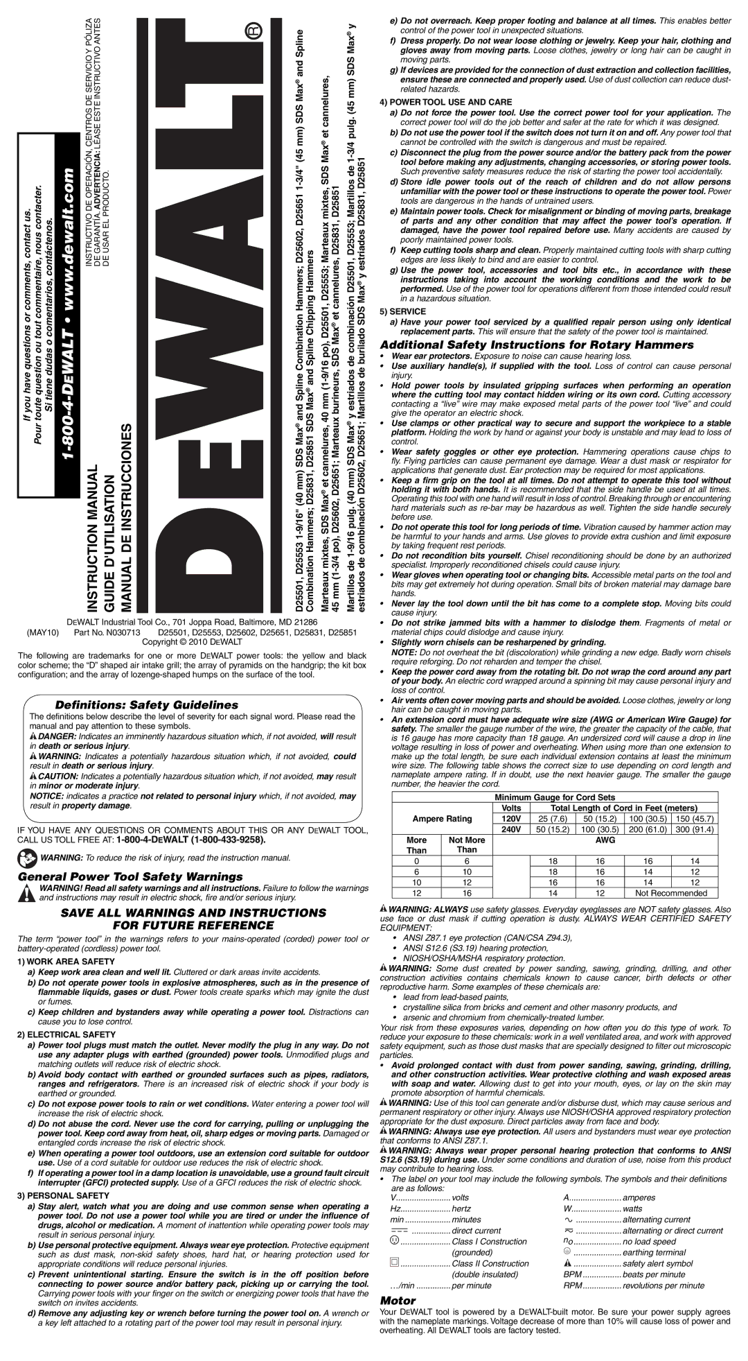 DeWalt D25651, D25831, D25851 instruction manual Definitions Safety Guidelines, General Power Tool Safety Warnings, Motor 