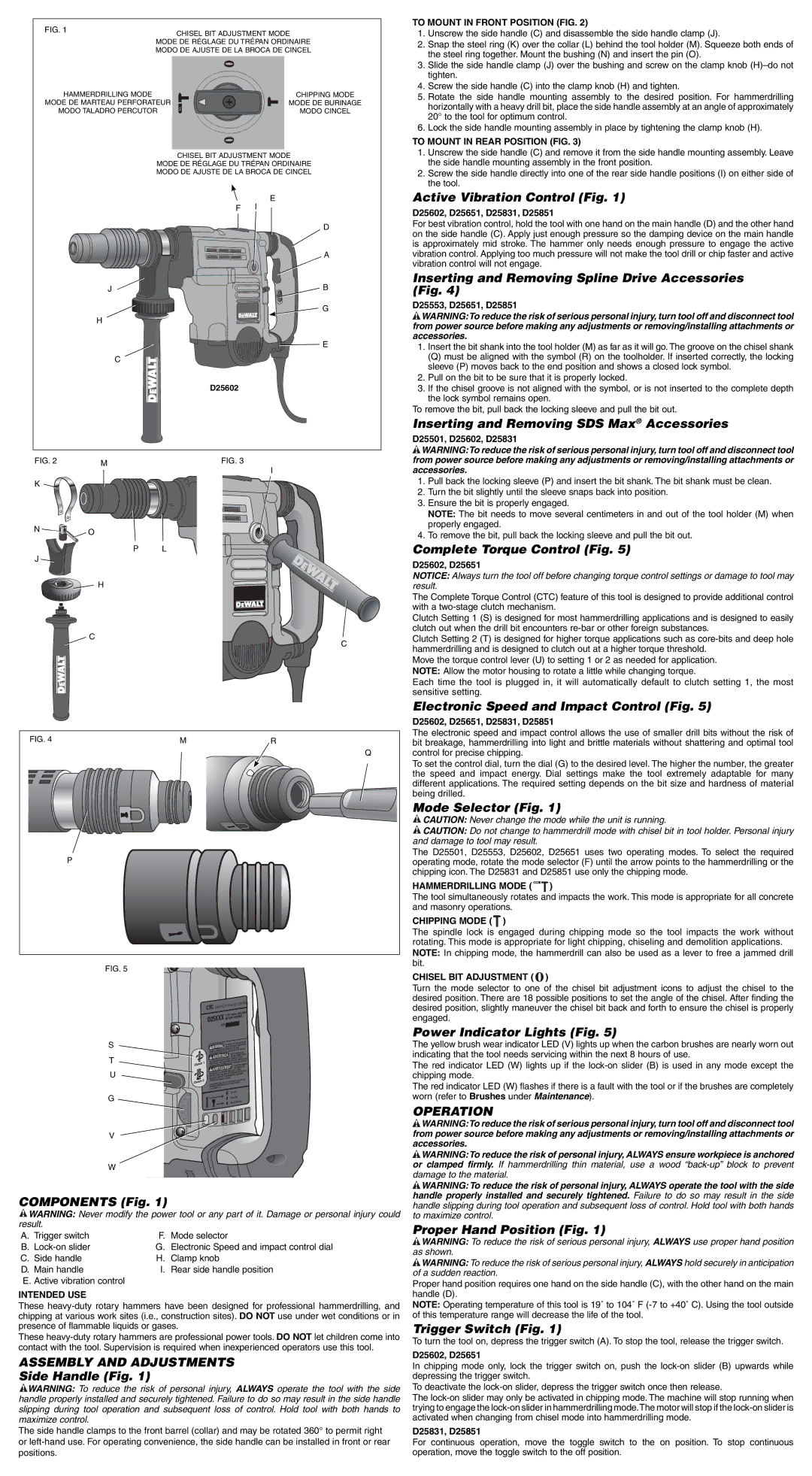 DeWalt D25851, D25831, D25651, D25602, D25501, D25553 instruction manual Assembly and Adjustments, Operation 