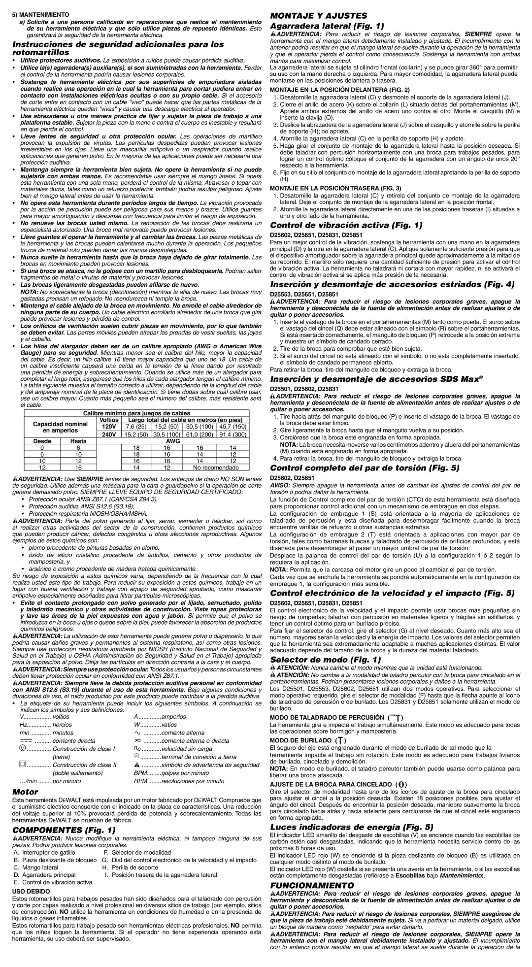 DeWalt D25831, D25651, D25851, D25602, D25501, D25553 instruction manual Montaje Y Ajustes, Funcionamiento 