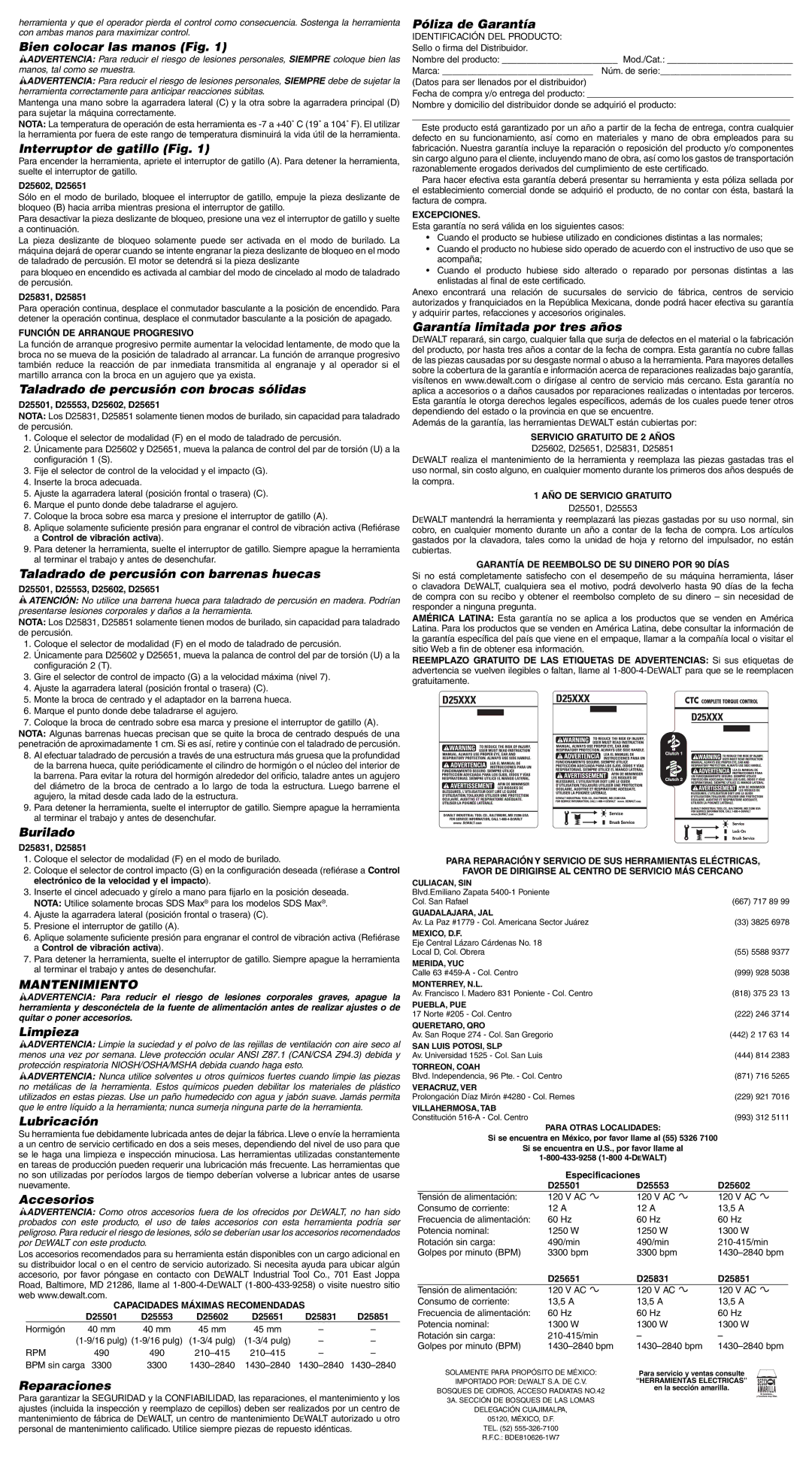 DeWalt D25651, D25831, D25851, D25602, D25501, D25553 instruction manual Mantenimiento 