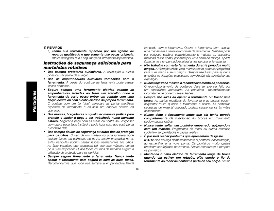 DeWalt D25851K instruction manual Instruções de segurança adicionais para marteletes rotativos, Reparos 