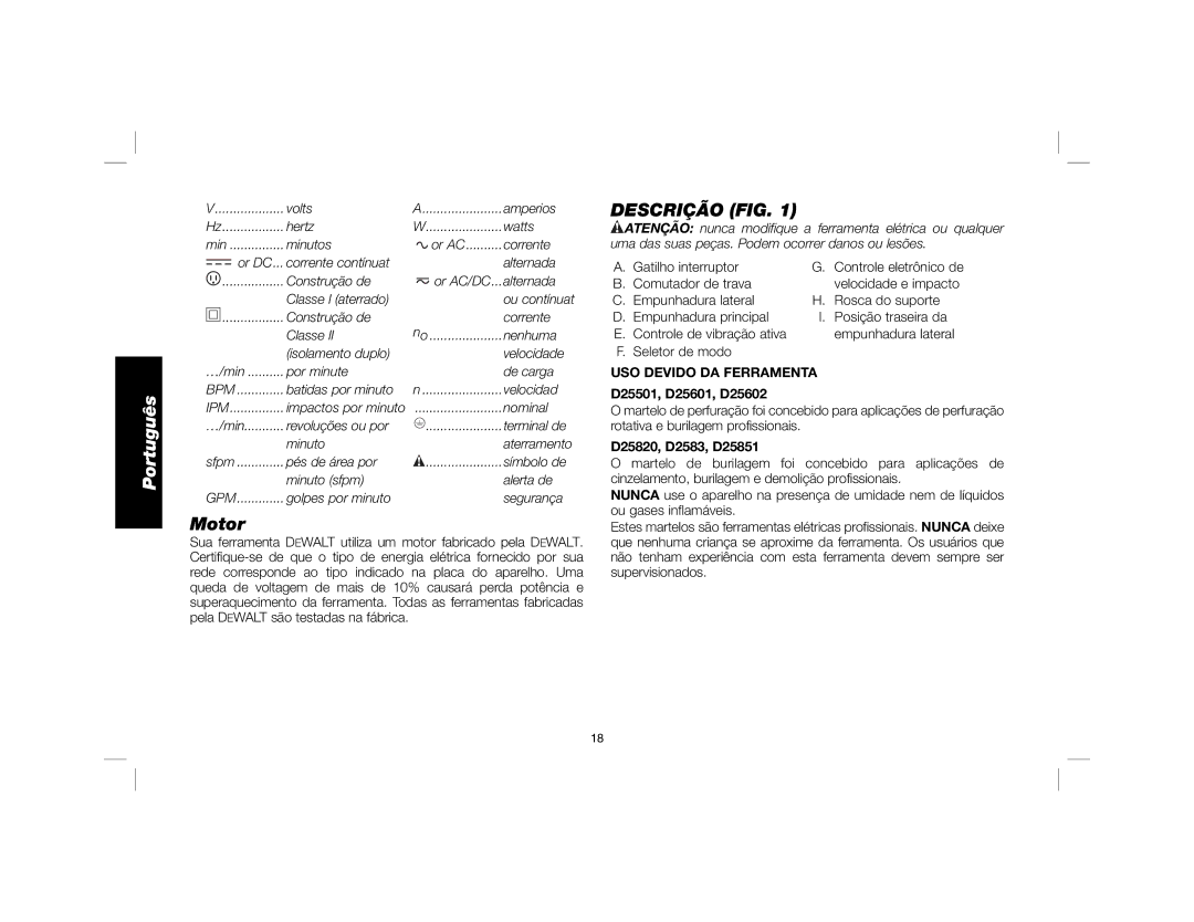 DeWalt D25851K instruction manual Descrição FIG, USO Devido DA Ferramenta, D25820, D2583, D25851 