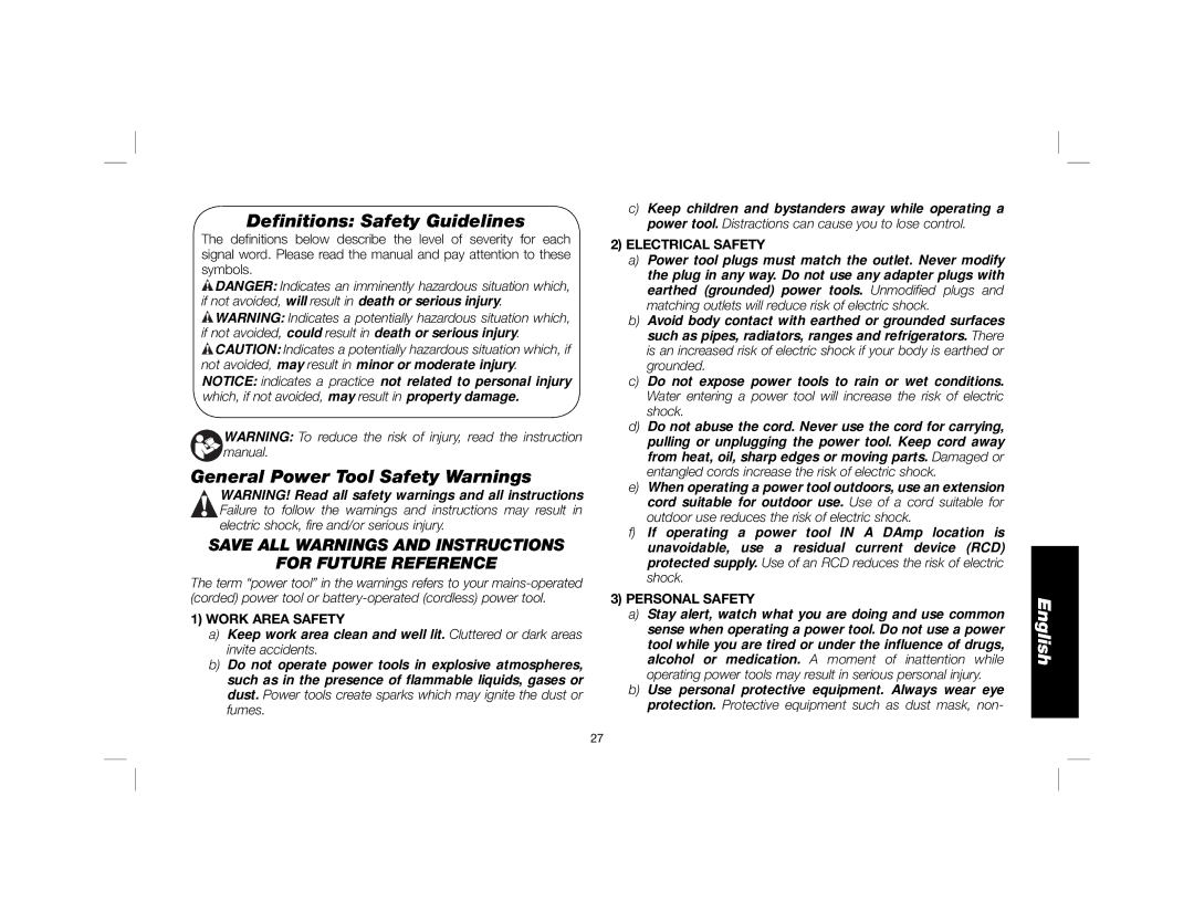 DeWalt D25851K Deﬁnitions Safety Guidelines, General Power Tool Safety Warnings, Work Area Safety, Electrical Safety 