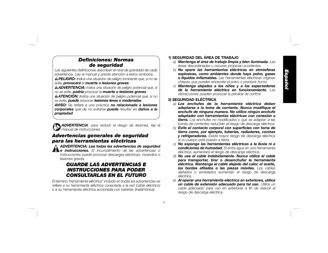 DeWalt D25851K instruction manual Deﬁniciones Normas De seguridad, Seguridad DEL Área DE Trabajo, Seguridad Eléctrica 