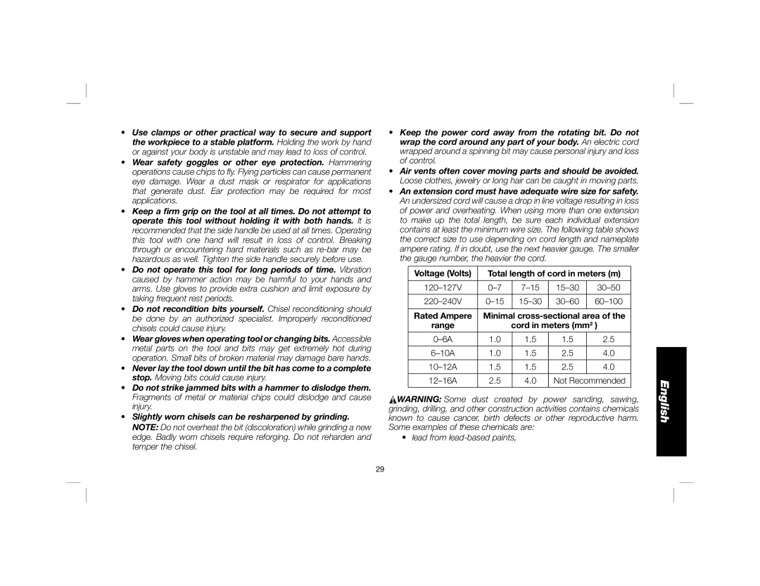 DeWalt D25851K instruction manual Voltage Volts Total length of cord in meters m, Rated Ampere, Range Cord in meters mm 