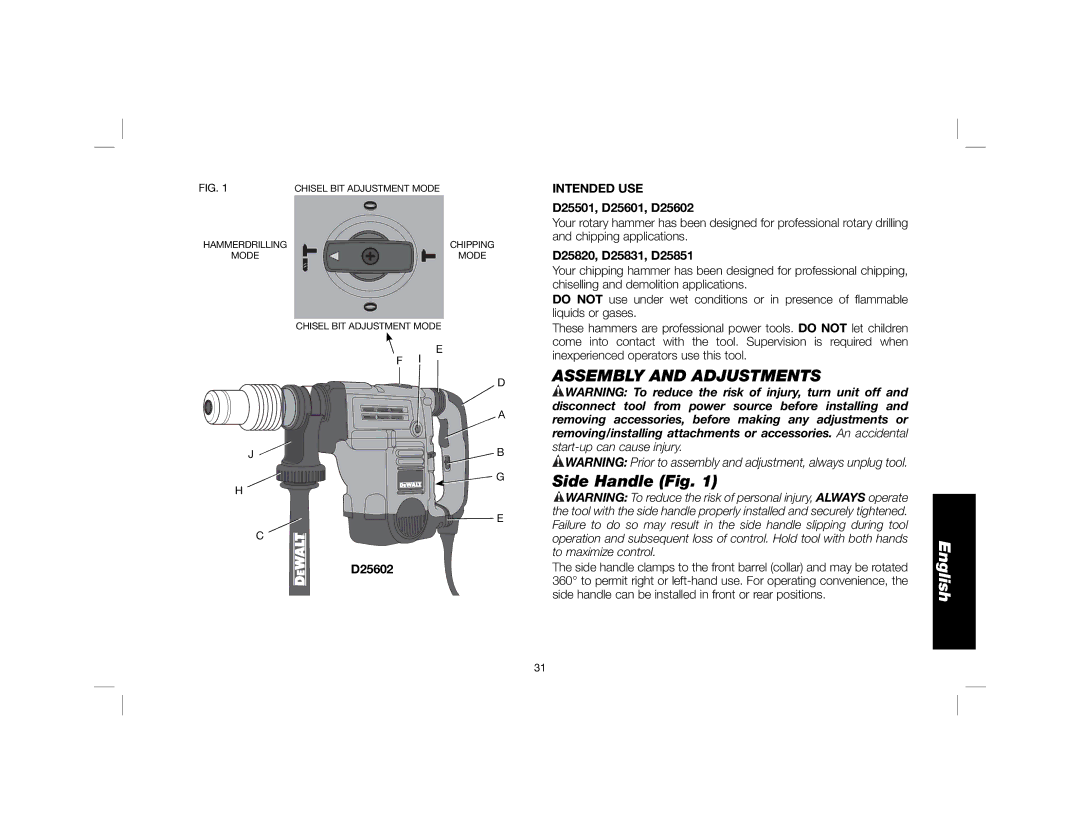 DeWalt D25851K instruction manual Assembly and Adjustments, Side Handle Fig, Intended USE 