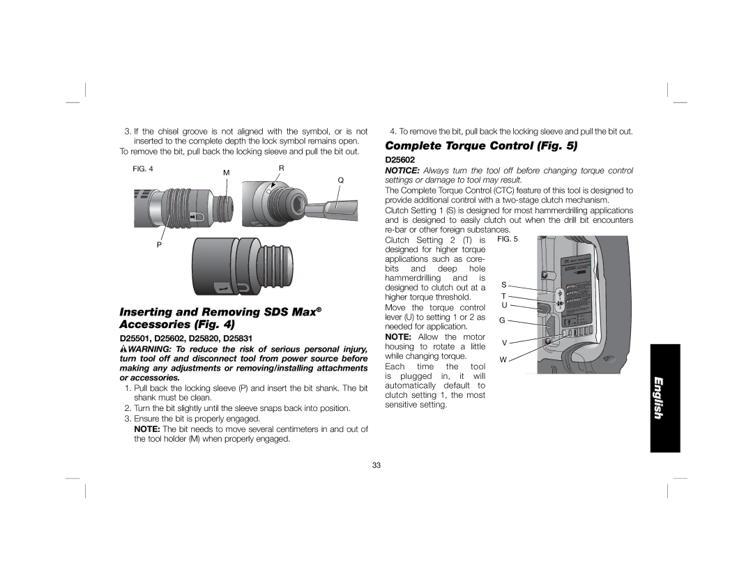 DeWalt D25851K instruction manual Complete Torque Control Fig, Inserting and Removing SDS Max Accessories Fig 