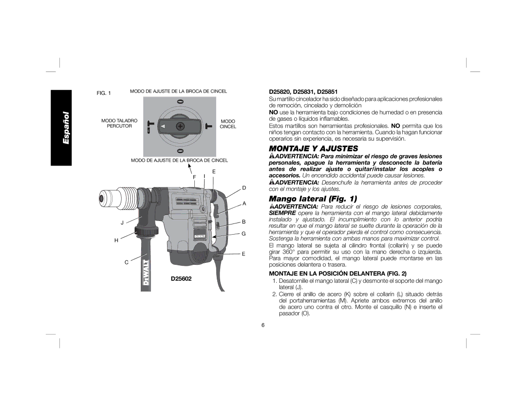 DeWalt D25851K Montaje Y Ajustes, Mango lateral Fig, D25602 D25820, D25831, D25851, Montaje EN LA Posición Delantera FIG 