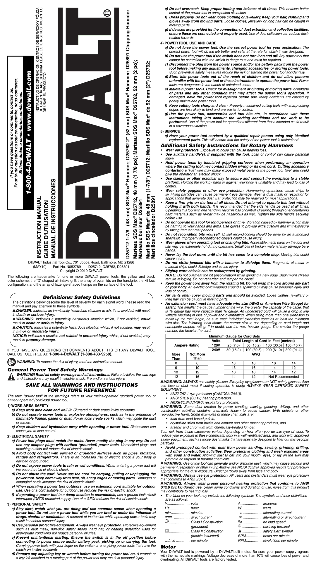 DeWalt D25891K instruction manual Definitions Safety Guidelines, General Power Tool Safety Warnings, Motor 