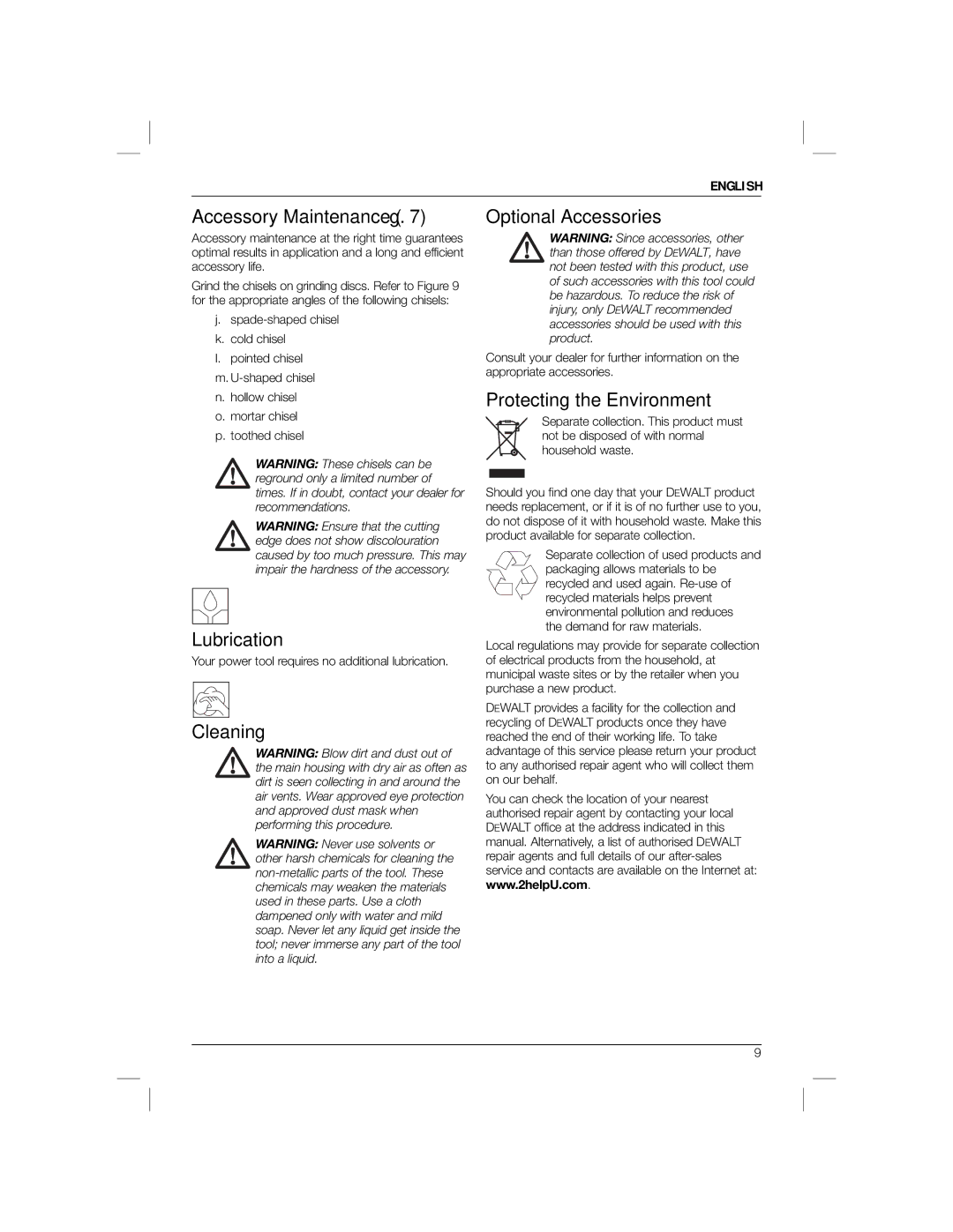 DeWalt D25901 manual Accessory Maintenance ﬁg, Lubrication, Cleaning Optional Accessories, Protecting the Environment 