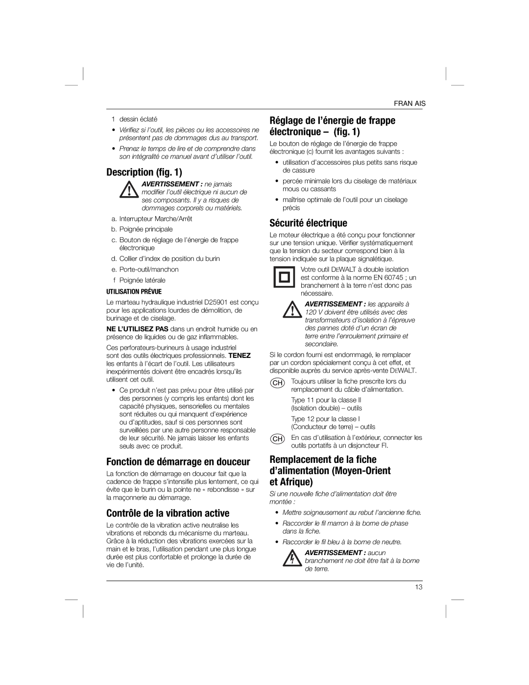 DeWalt D25901 manual Réglage de l’énergie de frappe électronique ﬁg, Sécurité électrique, Fonction de démarrage en douceur 