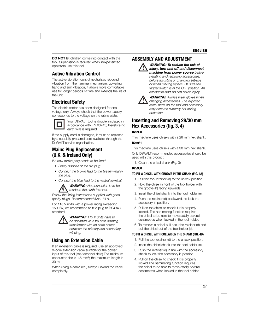 DeWalt D25960K manual Active Vibration Control, Electrical Safety, Using an Extension Cable, Assembly and Adjustment 