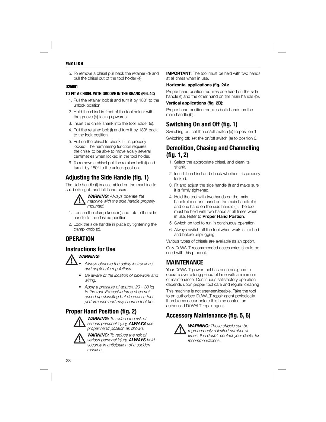 DeWalt D25960K manual Operation, Maintenance 