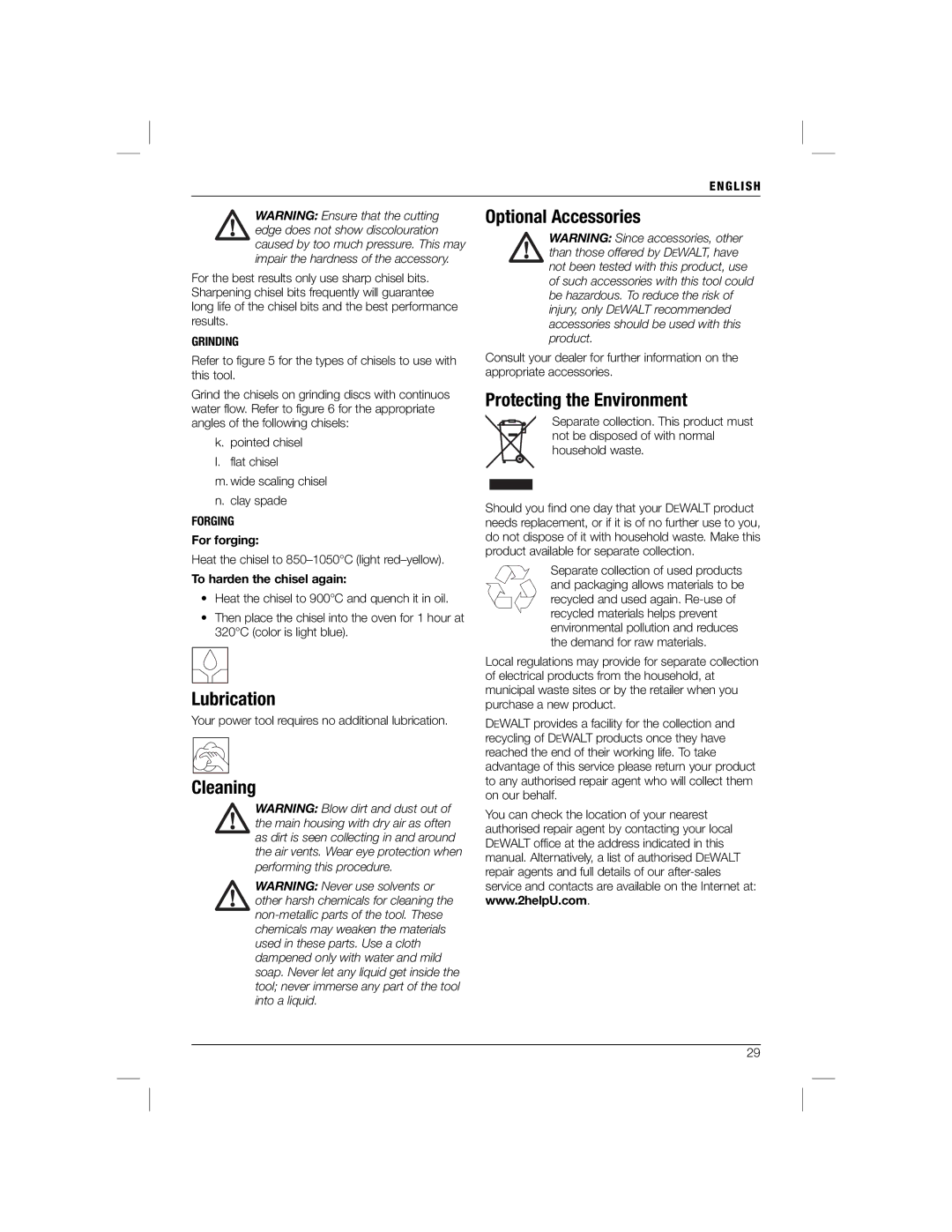 DeWalt D25960K manual Lubrication, Cleaning Optional Accessories, Protecting the Environment, Grinding, Forging 