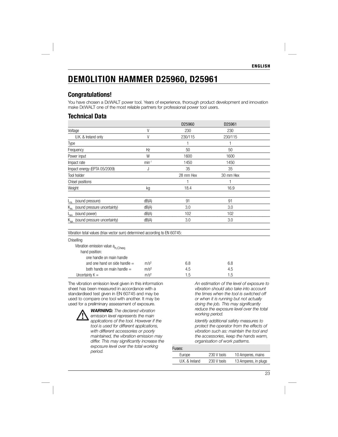 DeWalt D25960K manual Congratulations, Technical Data, English 