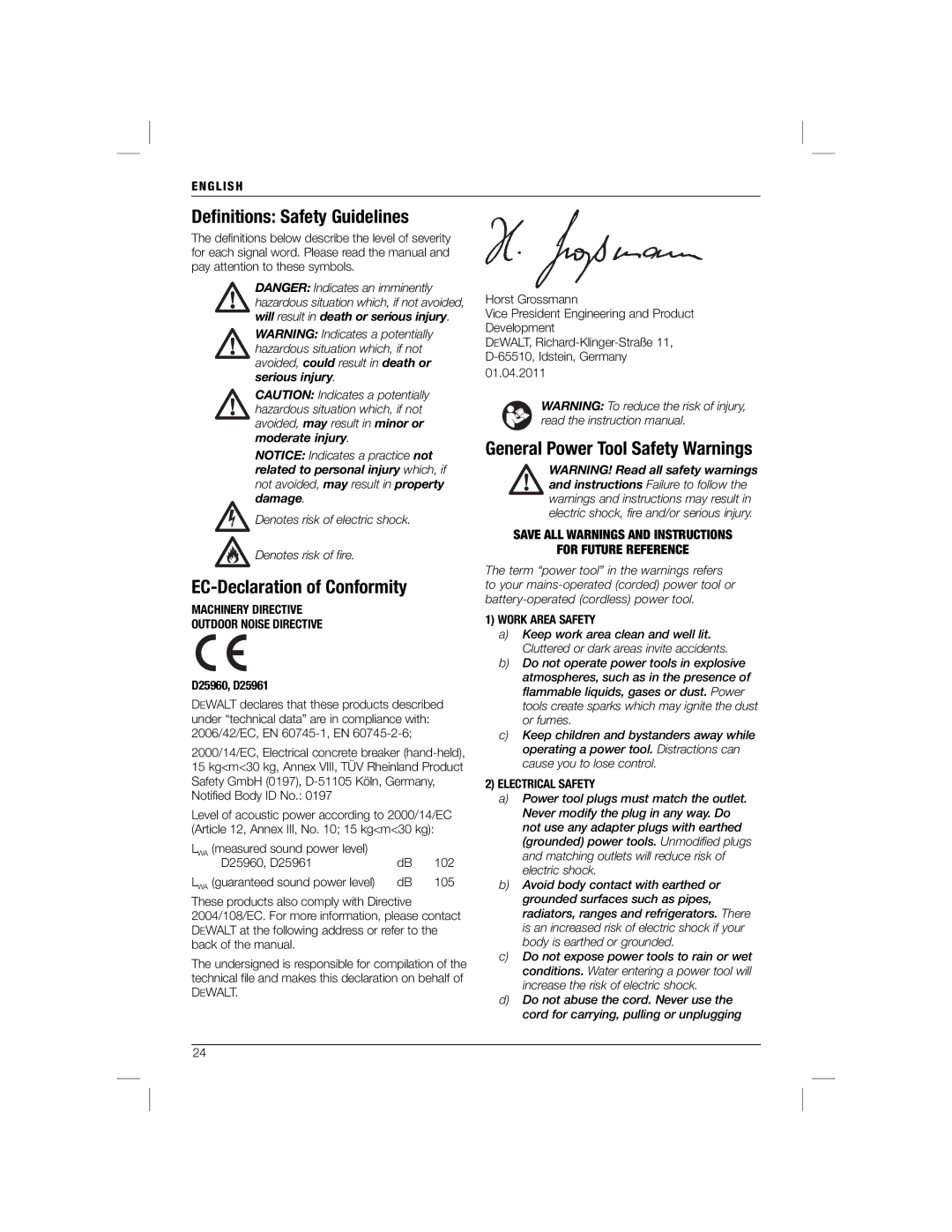 DeWalt D25960K manual Deﬁnitions Safety Guidelines, EC-Declaration of Conformity, General Power Tool Safety Warnings 