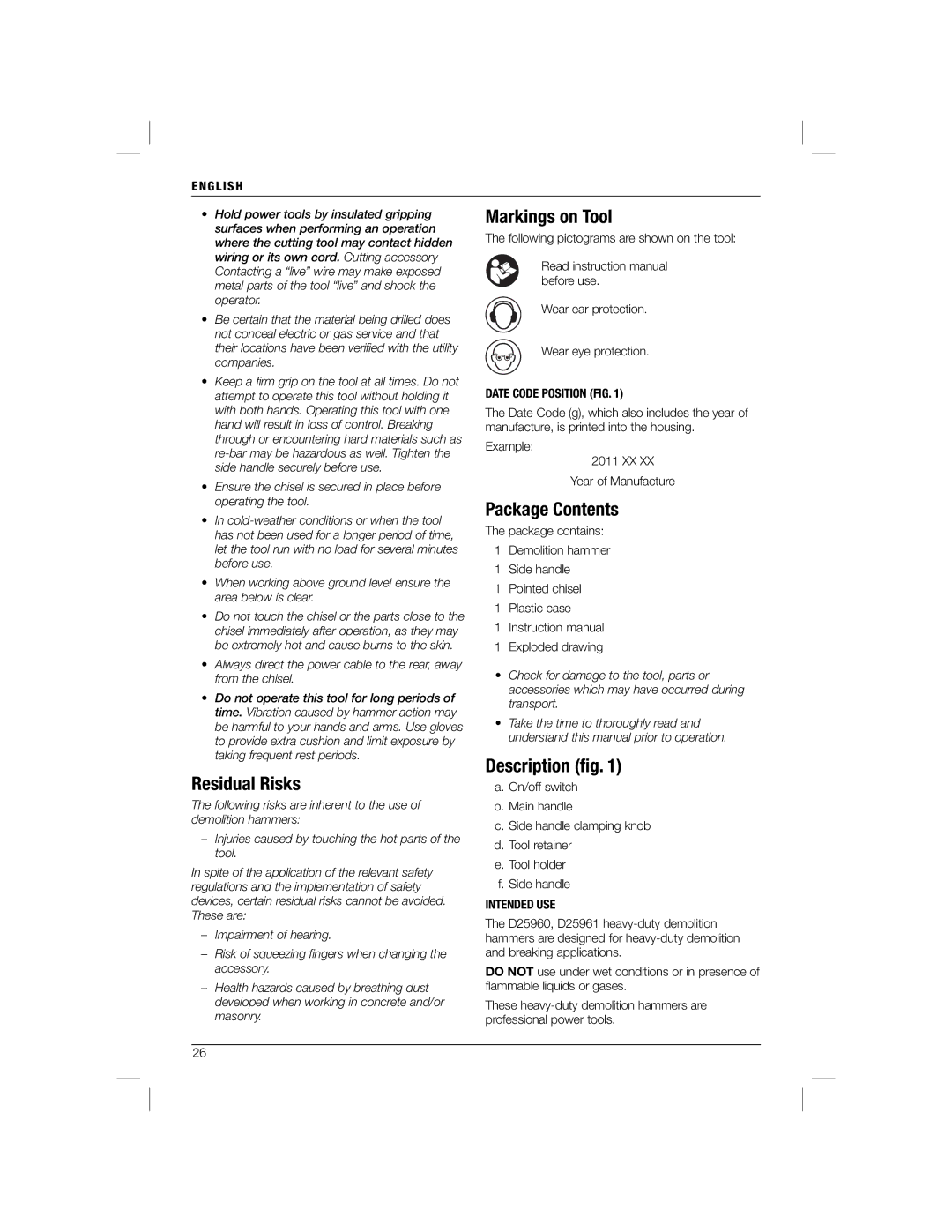 DeWalt D25960K manual Residual Risks, Markings on Tool, Package Contents, Description ﬁg 