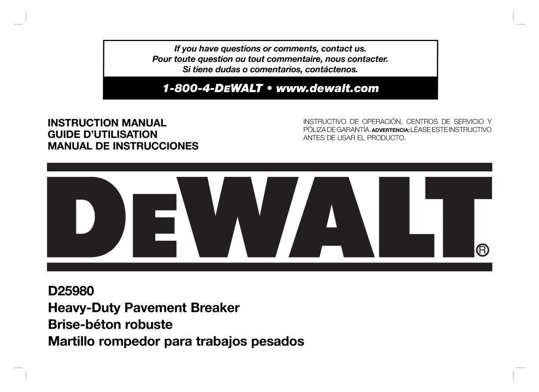 DeWalt D25980 instruction manual Guide D’UTILISATION Manual DE Instrucciones 