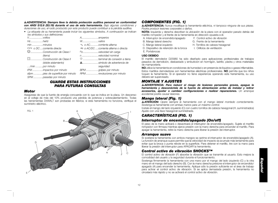 DeWalt D25980 Guarde Estas Instrucciones Para Futuras Consultas, Componentes FIG, Montaje Y Ajustes, Características FIG 