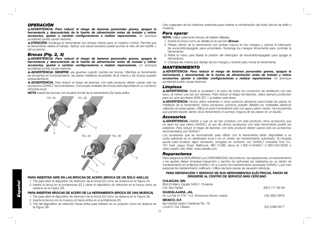 DeWalt D25980 instruction manual Operación, Mantenimiento 