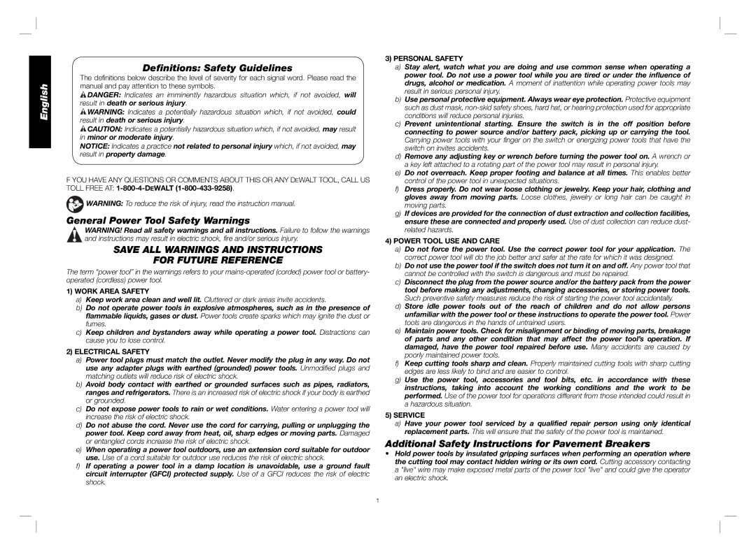 DeWalt D25980 instruction manual Deﬁnitions Safety Guidelines, General Power Tool Safety Warnings 