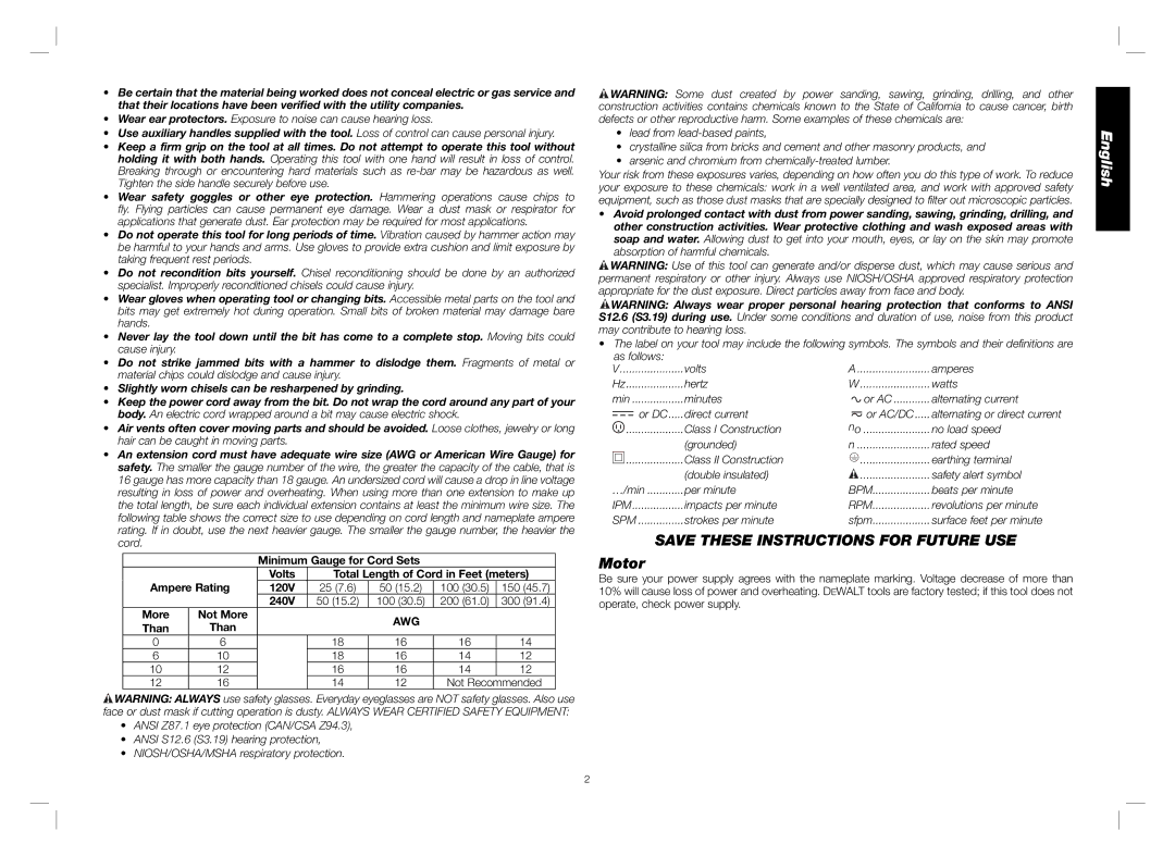 DeWalt D25980 instruction manual Save These Instructions for Future USE, Motor, Awg 