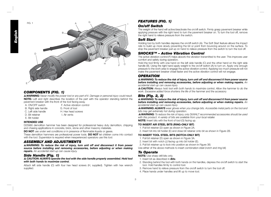 DeWalt D25980 instruction manual Components FIG, Assembly and Adjustments, Features FIG, Operation 