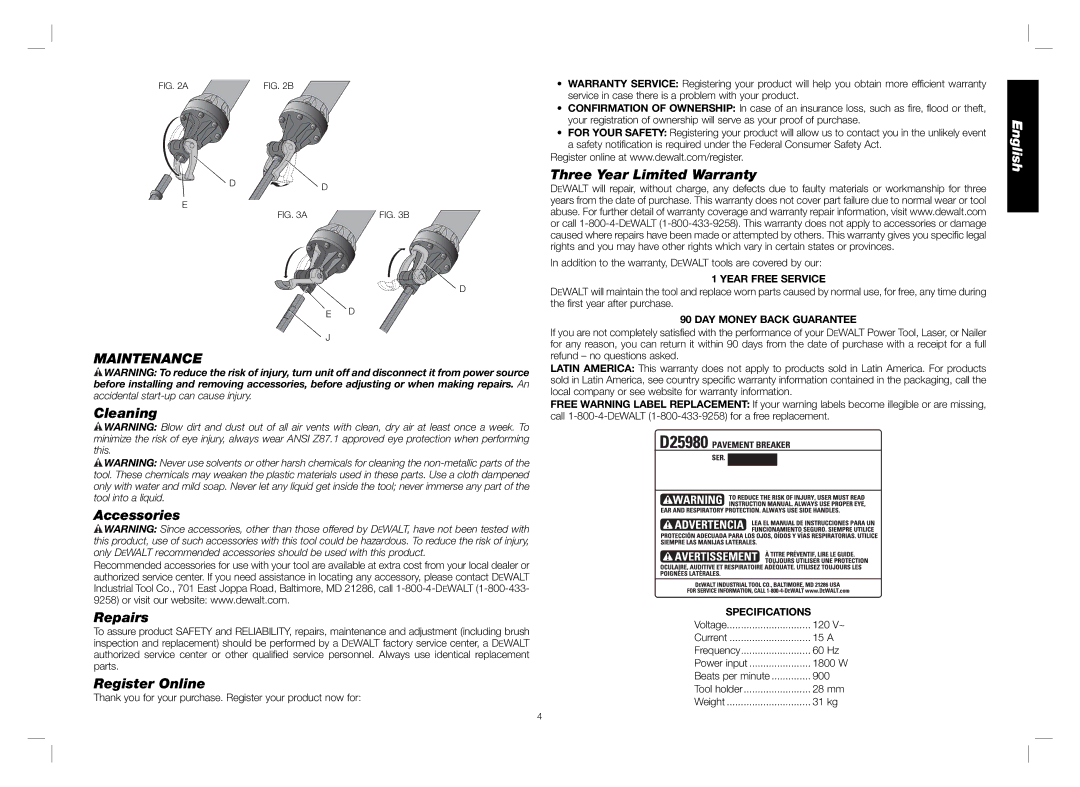 DeWalt D25980 instruction manual Maintenance, Cleaning Accessories Repairs, Register Online, Three Year Limited Warranty 