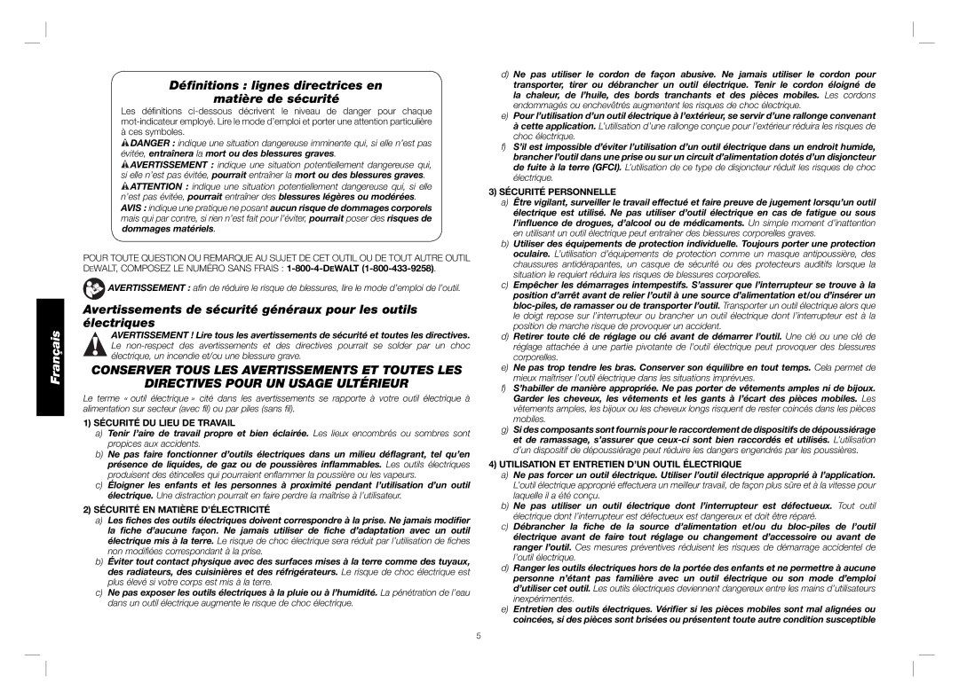 DeWalt D25980 Déﬁnitions lignes directrices en Matière de sécurité, Sécurité DU Lieu DE Travail, Sécurité Personnelle 