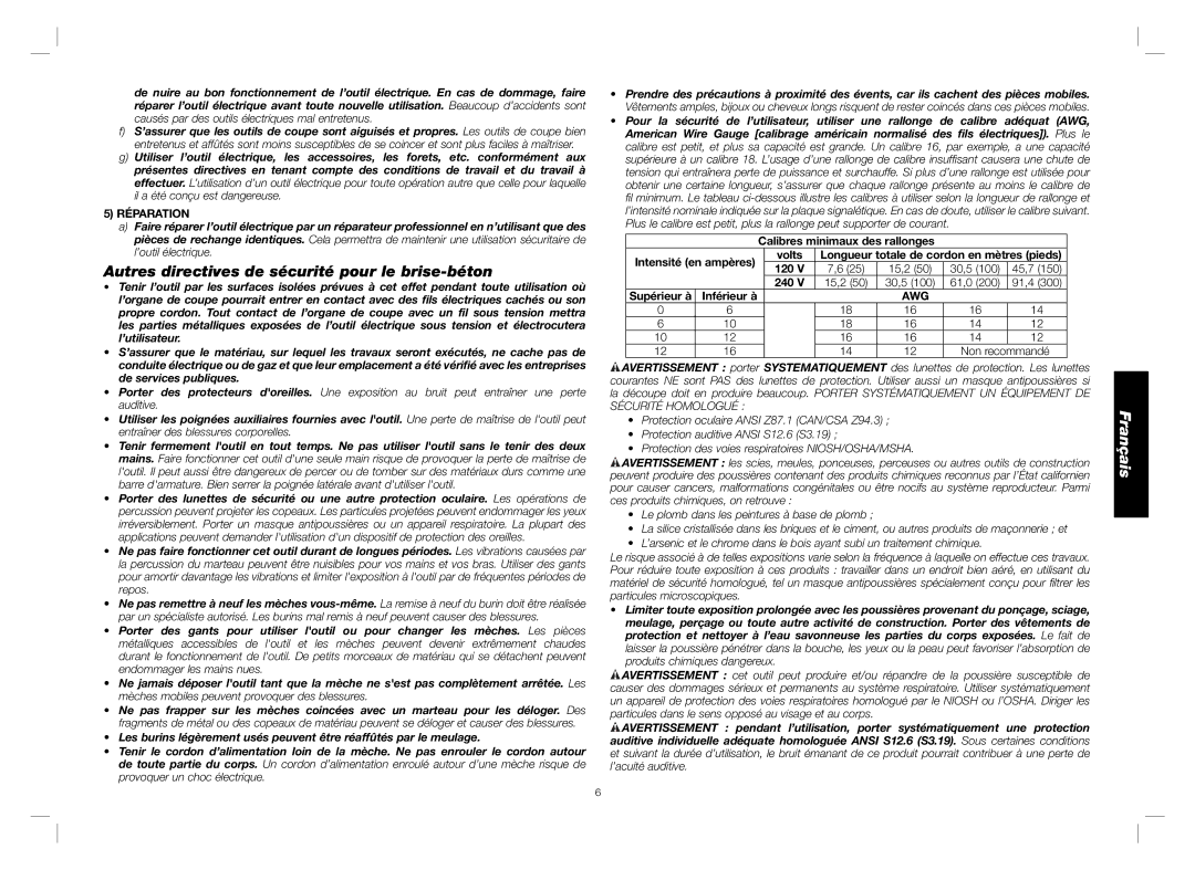 DeWalt D25980 instruction manual Autres directives de sécurité pour le brise-béton, Réparation 