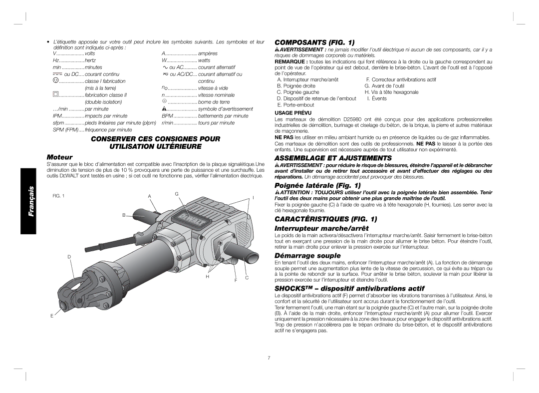 DeWalt D25980 Conserver CES Consignes Pour Utilisation Ultérieure, Composants FIG, Assemblage ET Ajustements 