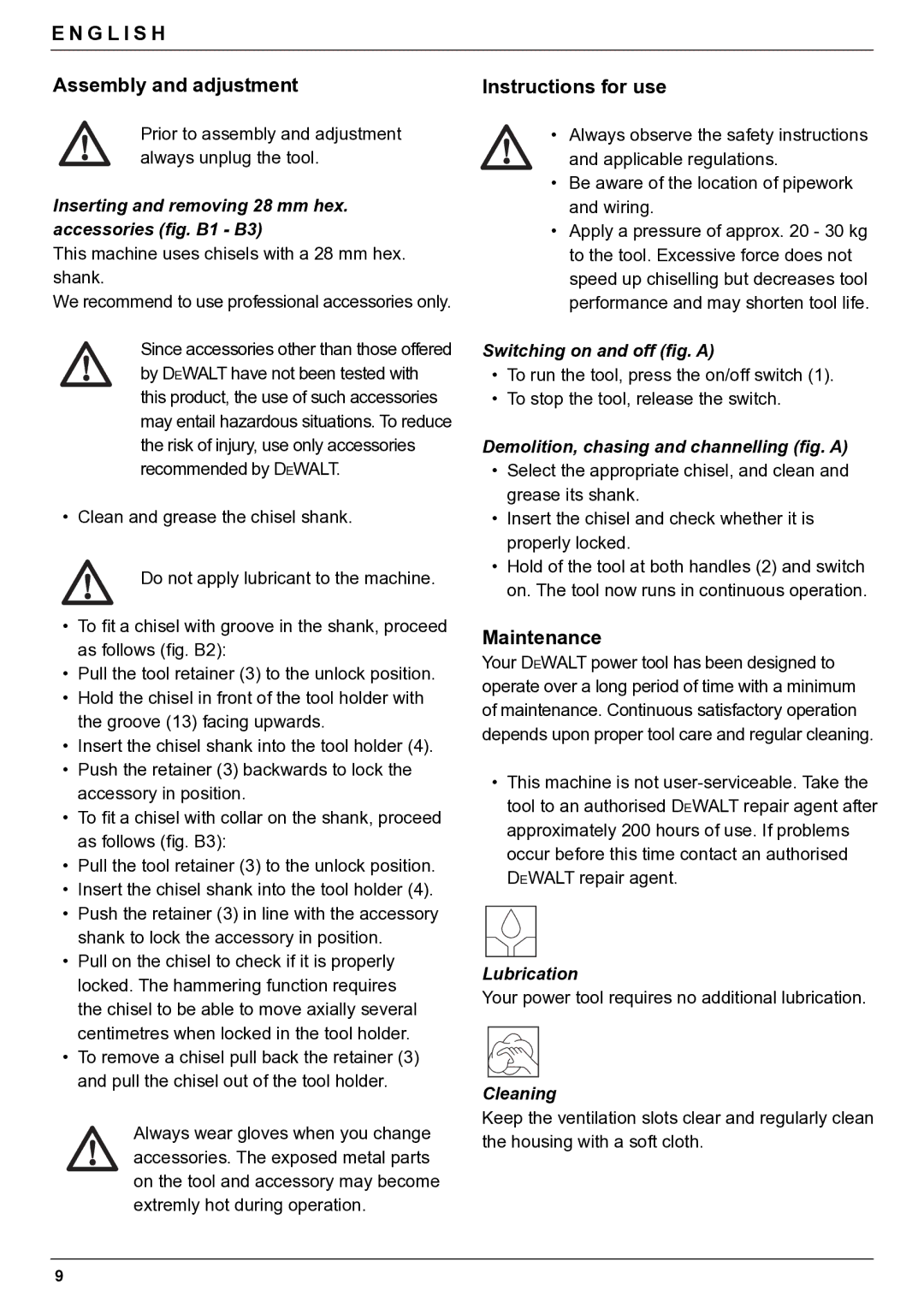 DeWalt D25980 manual Assembly and adjustment Instructions for use, Maintenance 