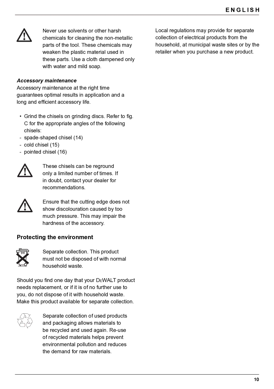 DeWalt D25980 manual Protecting the environment, Accessory maintenance 