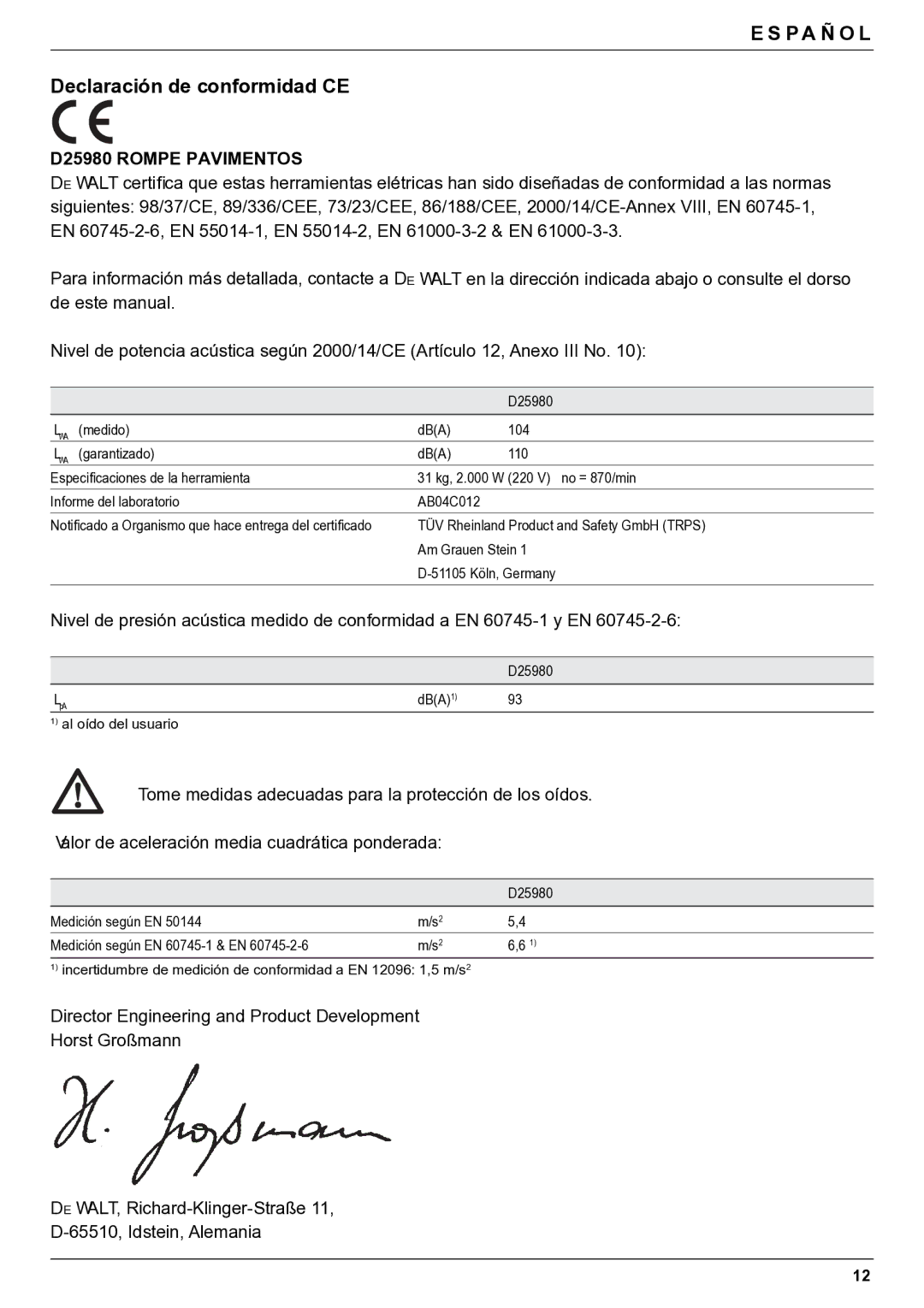 DeWalt manual Declaración de conformidad CE, D25980 Rompe Pavimentos 