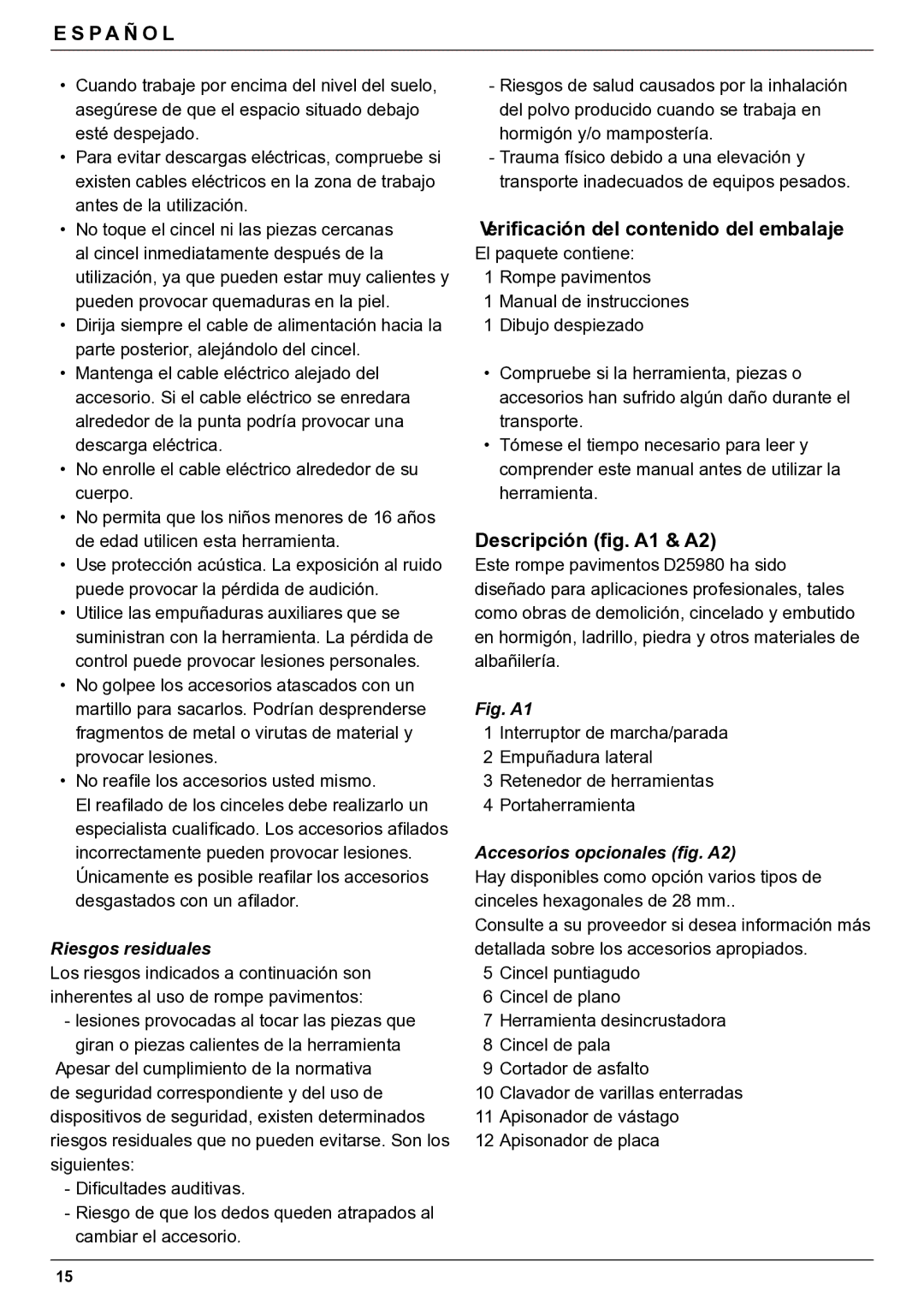 DeWalt D25980 manual Veriﬁcación del contenido del embalaje, Descripción ﬁg. A1 & A2, Riesgos residuales 